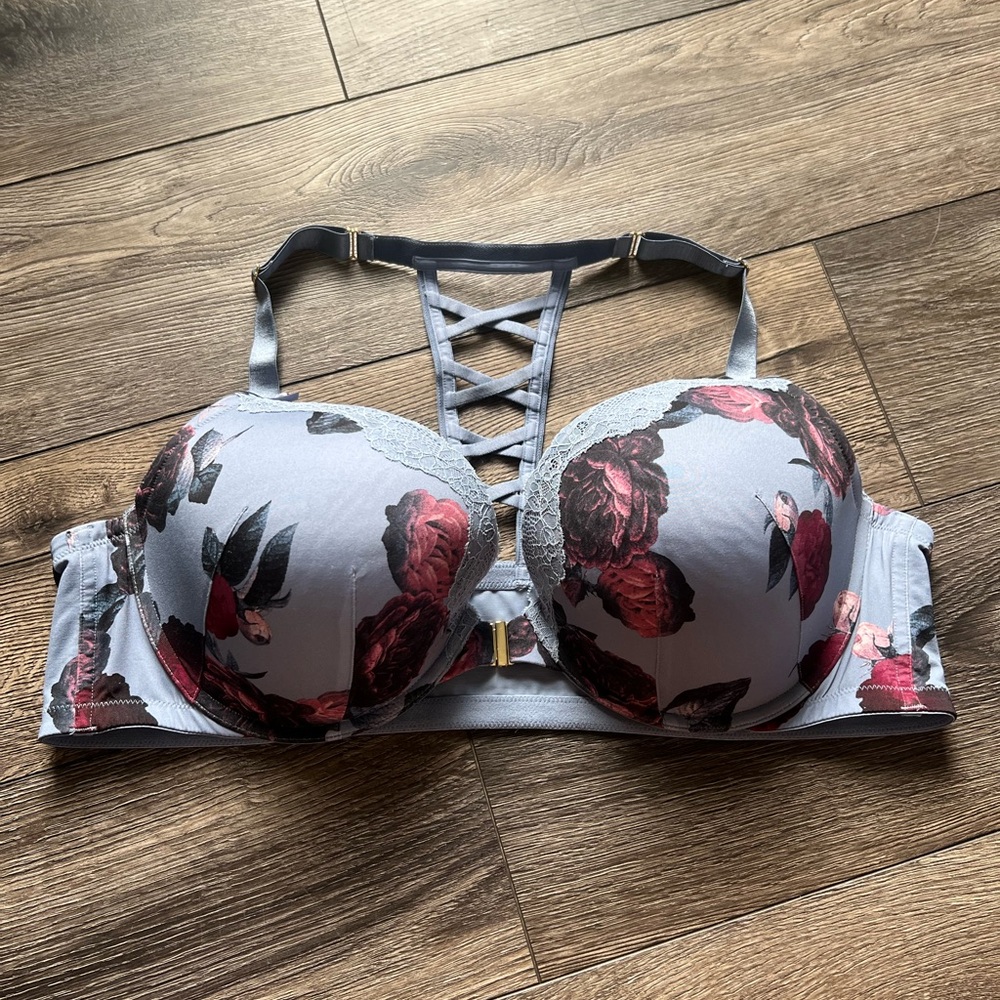 Cacique Floral Lace-Up Bra - Gray and Red